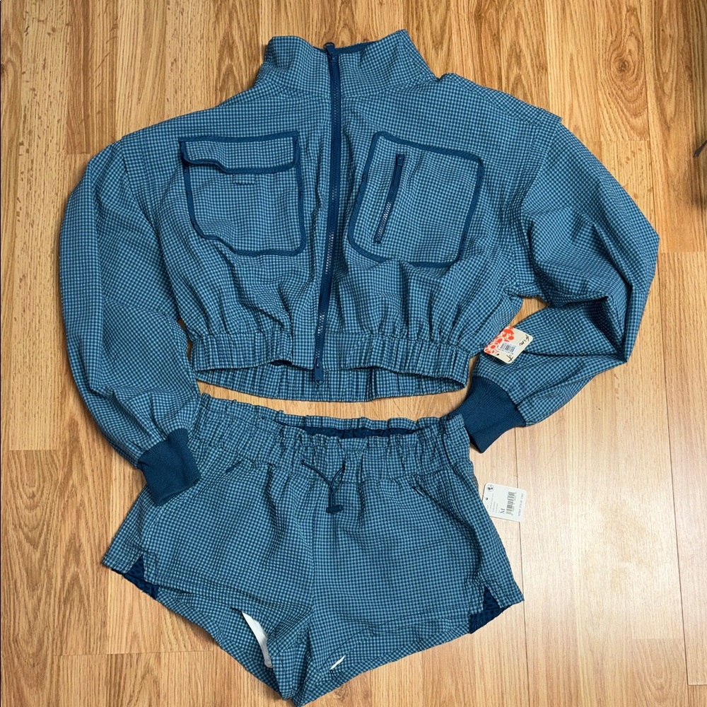 FP Movement by Free People Blue Check Cropped Zip Jacket & Shorts Set